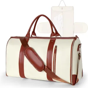Geestock Garment Bags for Travel, PU Leather Carry On Garment Duffle Bag for Women with Shoe Pouch, 2 in 1 Convertible Suit Travel Bag (Beige)