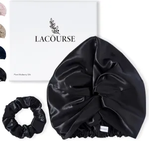 Genuine 22Momme 100% Mulberry Silk Bonnet for Sleeping Women, Double-Layered Silk Hair Wrap with Premium Elastic Stay on Head. One Size, Black