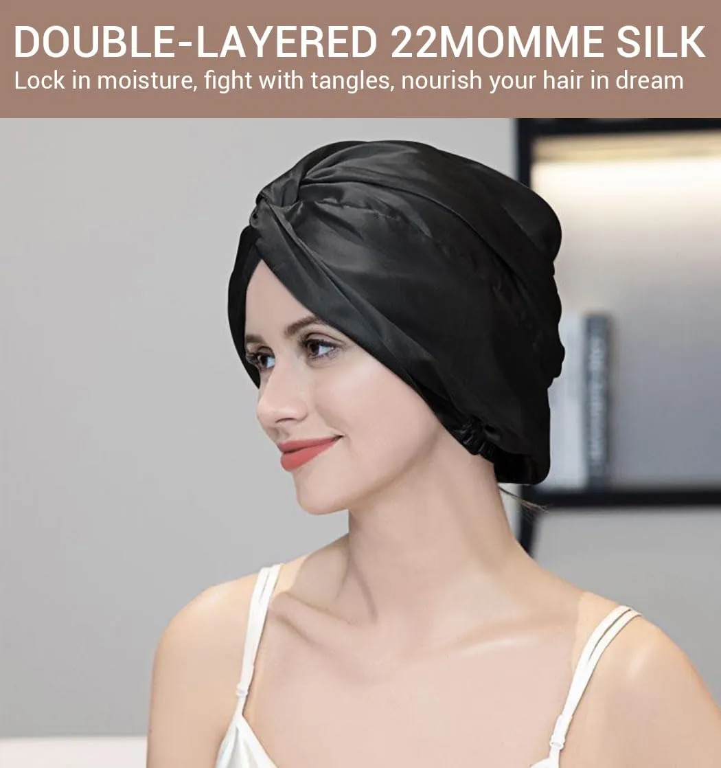 Genuine 22Momme 100% Mulberry Silk Bonnet for Sleeping Women, Double-Layered Silk Hair Wrap with Premium Elastic Stay on Head. One Size, Black
