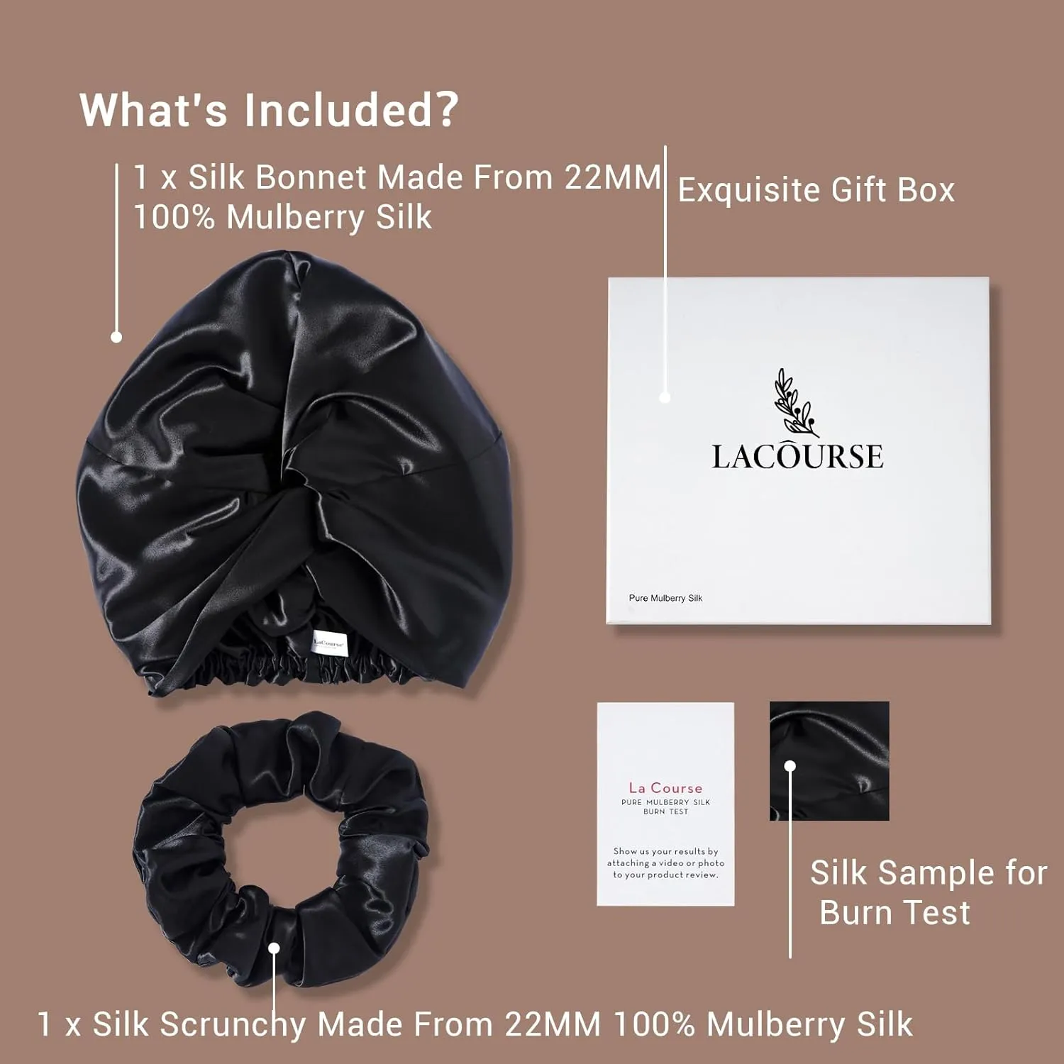 Genuine 22Momme 100% Mulberry Silk Bonnet for Sleeping Women, Double-Layered Silk Hair Wrap with Premium Elastic Stay on Head. One Size, Black
