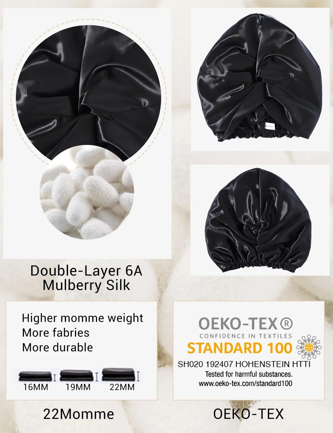 Genuine 22Momme 100% Mulberry Silk Bonnet for Sleeping Women, Double-Layered Silk Hair Wrap with Premium Elastic Stay on Head. One Size, Black