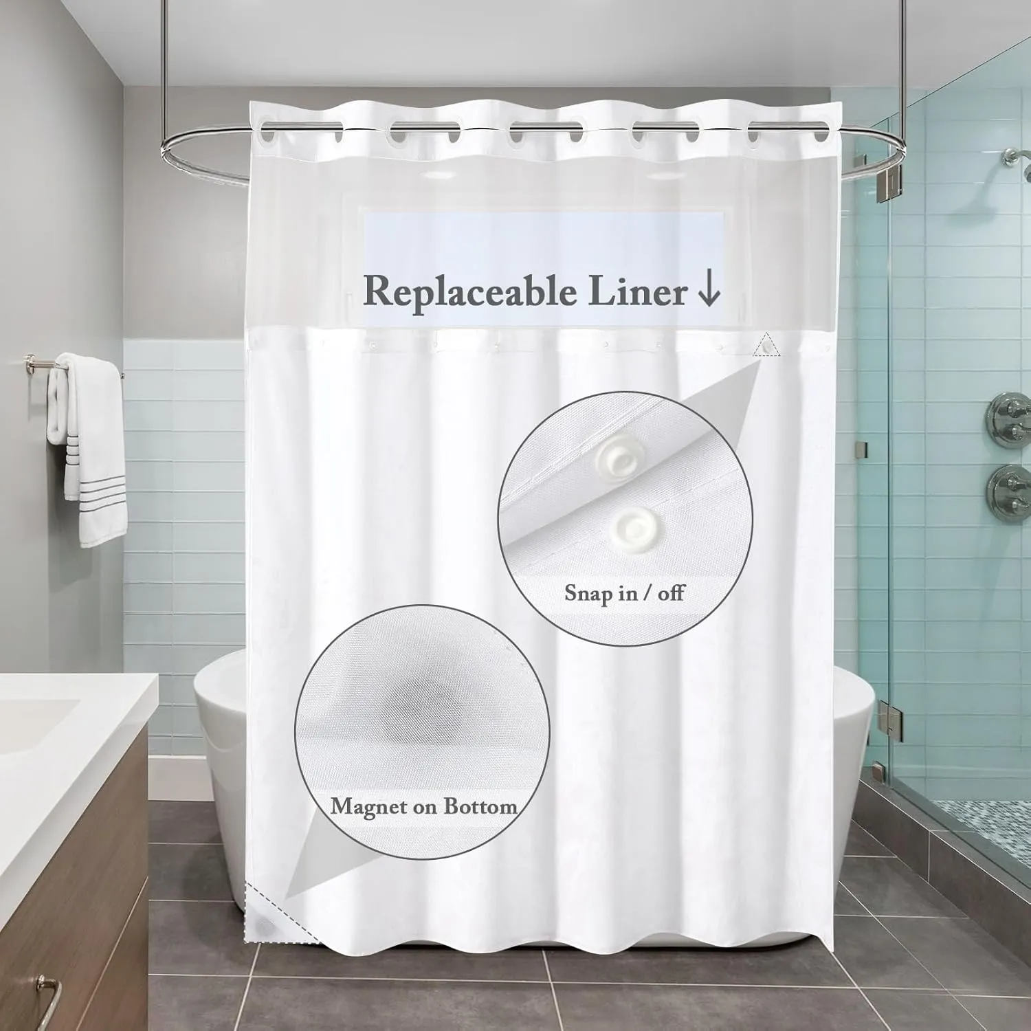 Gibelle No Hook Long Shower Curtain with Snap-in Fabric Liner Set - 72" x 80"(78"), Hotel Style Double Layers Sage Green Eucalyptus Leaves Shower Curtain with See Through Top Window