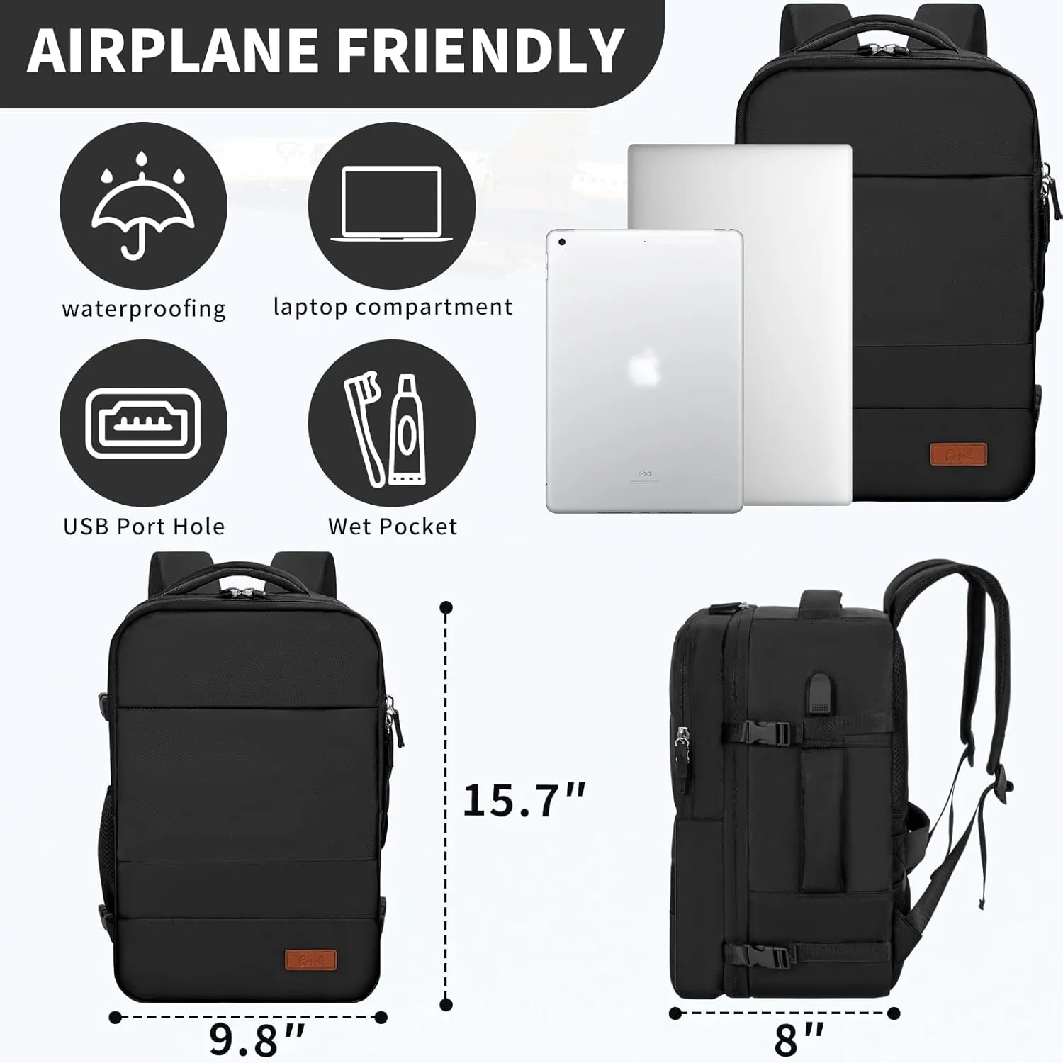 GMAK Travel Backpack for Men Women, Carry on Backpack with USB Charging Port, 15.6 inch Laptop Backpack Lightweight Cabin Bag Casual Daypack 20L Luggage Bags for College, Business, Travel, Black