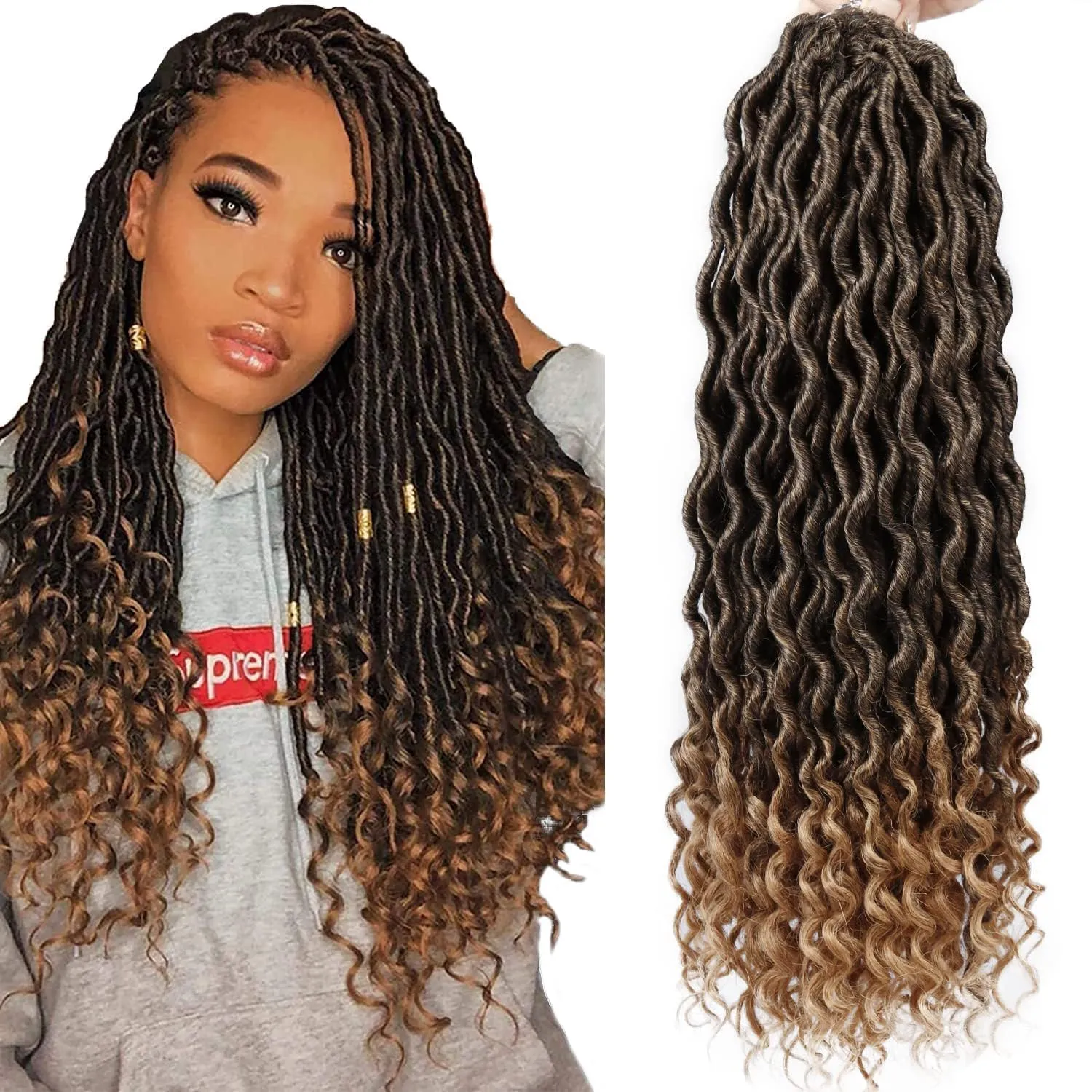 Goddess Locs Crochet Hair - 6 Packs 24 Inch Curly Faux Locs Crochet Hair for Black Women, Crochet Pre-Looped Curly Hair Faux Locs Synthetic Braiding Hair Extensions (24 Inch, 6Packs, 1B/30/27#)
