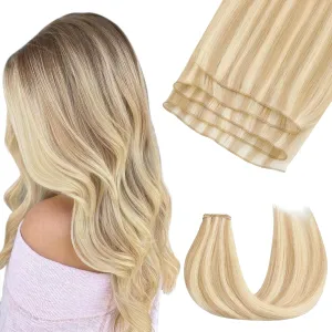 GOO GOO Genius Weft Hair Extensions Human Hair, Sew In Hair Extensions Rooted Remy Weft, 18A/613A Dark Blonde Highlighted Bleach Blonde 14inch 40g, Hand Tied Weft Hair Extensions