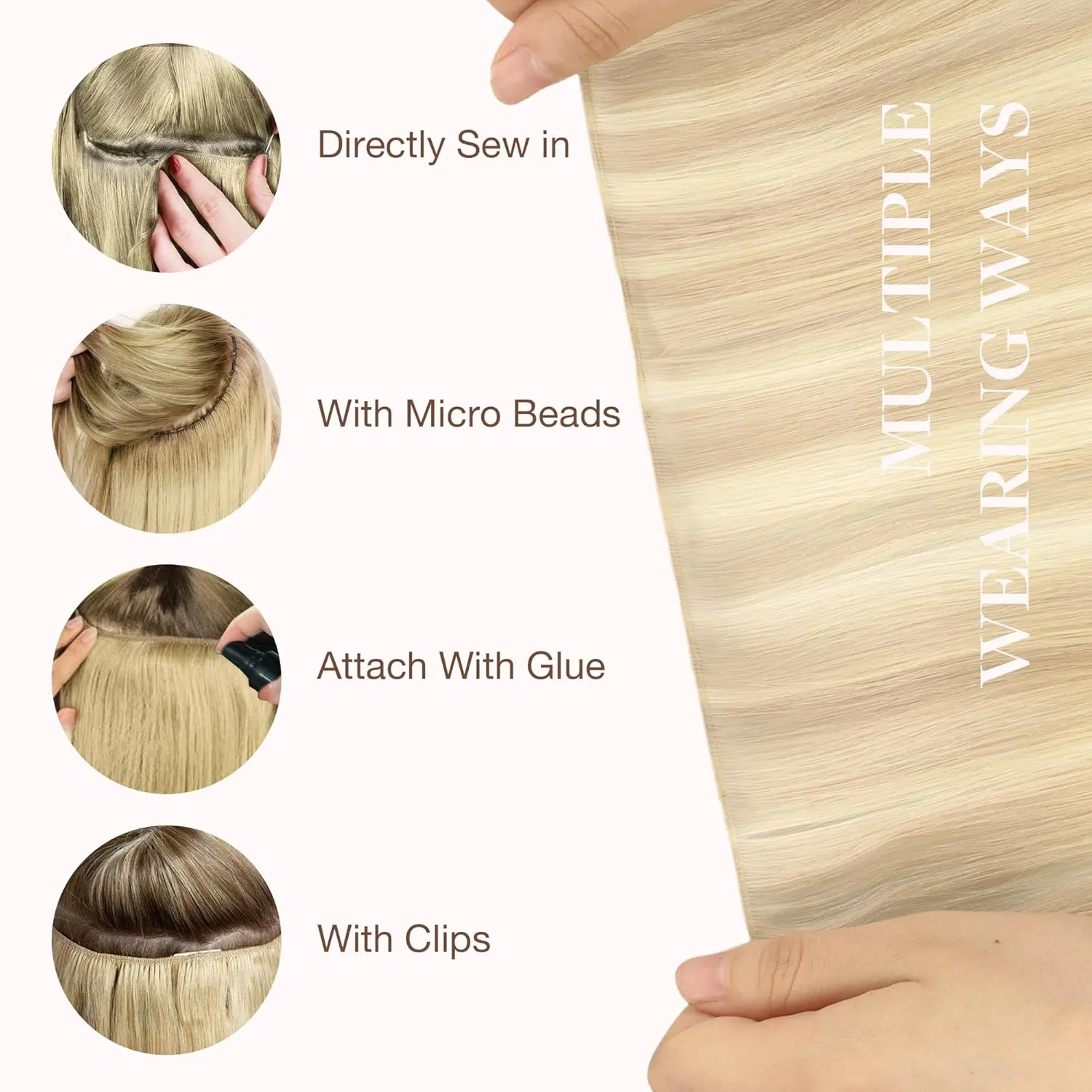 GOO GOO Genius Weft Hair Extensions Human Hair, Sew In Hair Extensions Rooted Remy Weft, 18A/613A Dark Blonde Highlighted Bleach Blonde 22inch 120g, Hand Tied Weft Hair Extensions