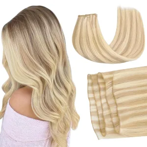 GOO GOO Genius Weft Hair Extensions Human Hair, Sew In Hair Extensions Rooted Remy Weft, 18A/613A Dark Blonde Highlighted Bleach Blonde 22inch 120g, Hand Tied Weft Hair Extensions