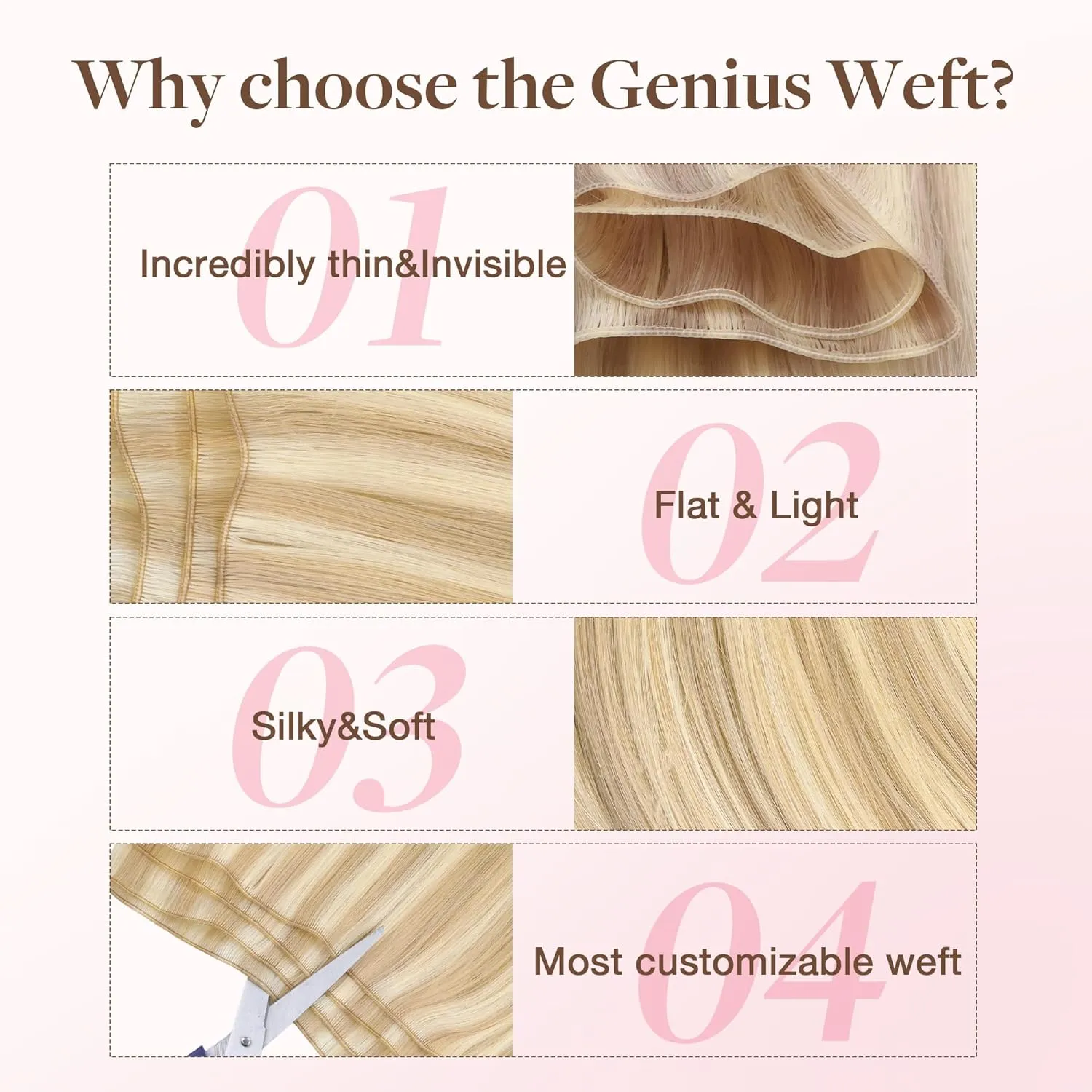 GOO GOO Genius Weft Hair Extensions Human Hair, Sew In Hair Extensions Rooted Remy Weft, 18A/613A Dark Blonde Highlighted Bleach Blonde 22inch 120g, Hand Tied Weft Hair Extensions