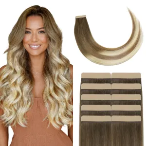 GOO GOO Tape Weft Hair extenisons, 3/8/613 Walnut Brown to Ash Brown and Bleach Blonde, 4cm Wide Tape, 20inch 20pcs 80g, Real Human Hair, Seamless Tape in, Instant Length&Volume
