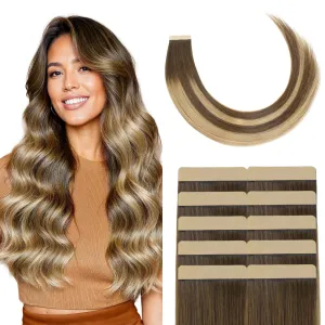 GOO GOO Tape Weft Hair extenisons, 4/27/4 Balayage Chocolate Brown to Caramel Blonde, 4cm Wide Tape, 18inch 20pcs 80g, Real Human Hair, Seamless Tape in, Instant Length&Volume