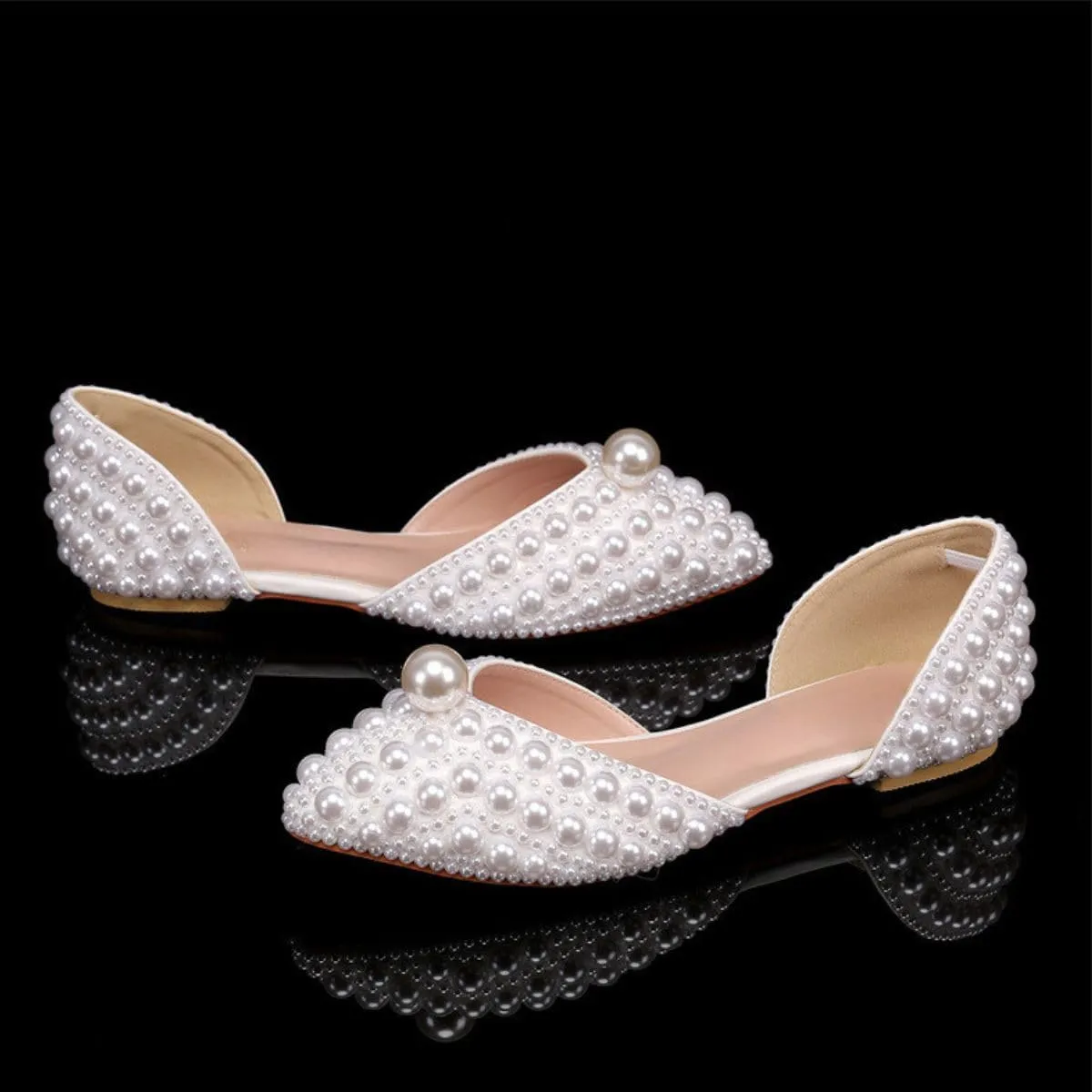 Goolita Pearl Ballet Flats for Women, Pointed Toe Low Heel Slip On D'Orsay Flat Shoes Comfortable Evening Bridal Shoes for Wedding