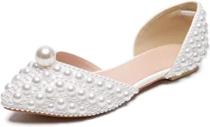 Goolita Pearl Ballet Flats for Women, Pointed Toe Low Heel Slip On D'Orsay Flat Shoes Comfortable Evening Bridal Shoes for Wedding