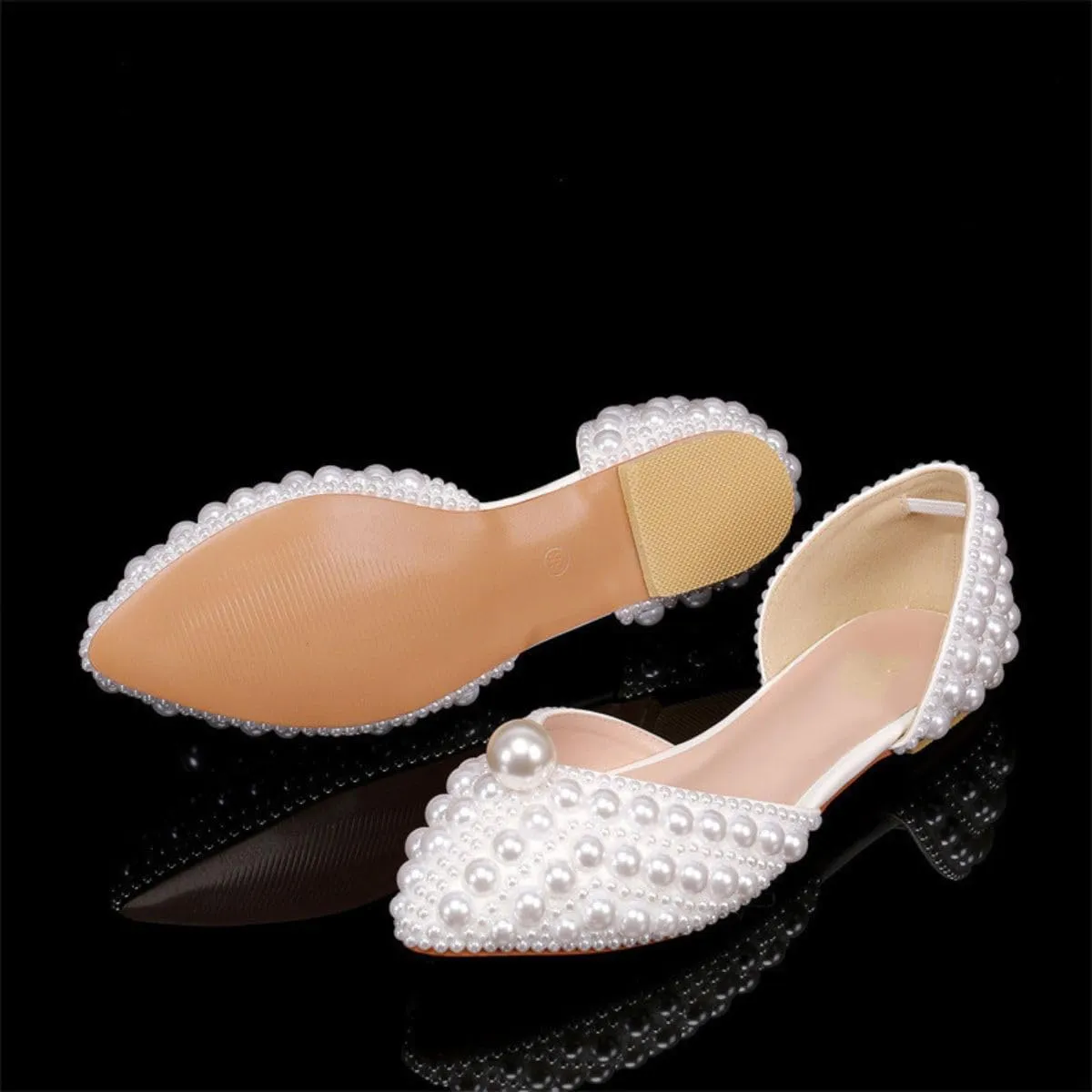 Goolita Pearl Ballet Flats for Women, Pointed Toe Low Heel Slip On D'Orsay Flat Shoes Comfortable Evening Bridal Shoes for Wedding