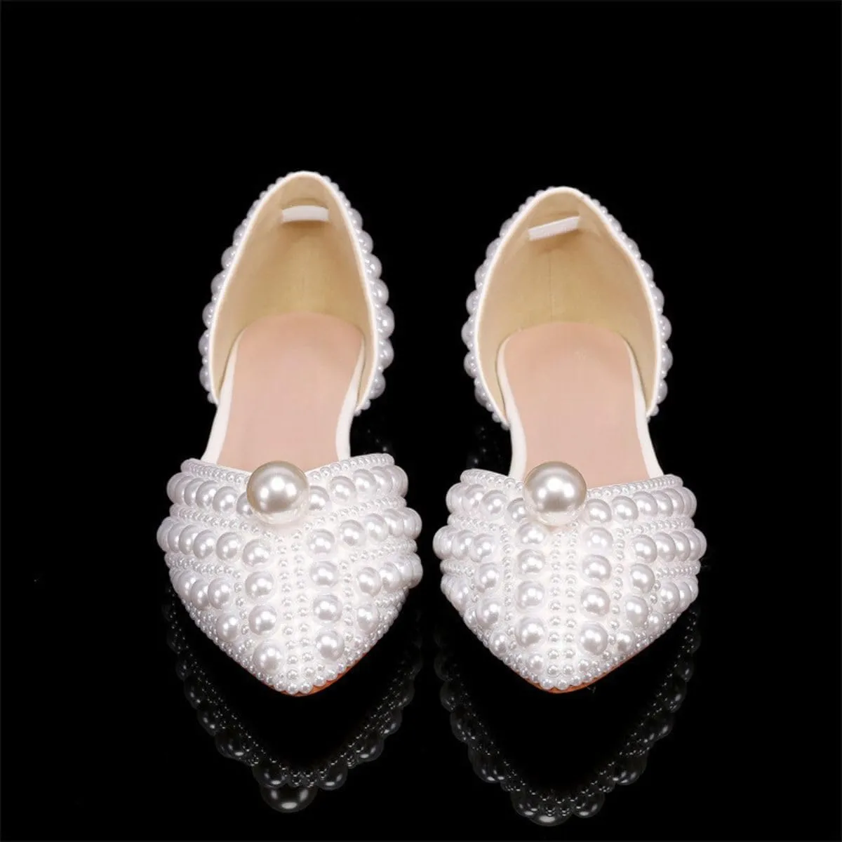 Goolita Pearl Ballet Flats for Women, Pointed Toe Low Heel Slip On D'Orsay Flat Shoes Comfortable Evening Bridal Shoes for Wedding