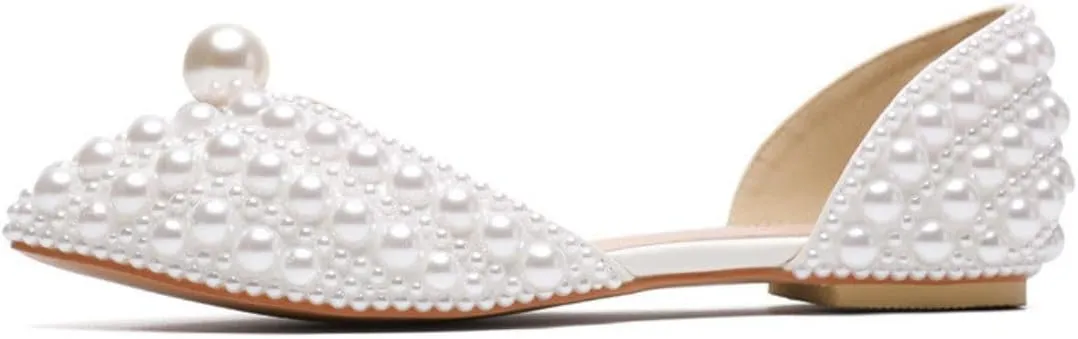 Goolita Pearl Ballet Flats for Women, Pointed Toe Low Heel Slip On D'Orsay Flat Shoes Comfortable Evening Bridal Shoes for Wedding