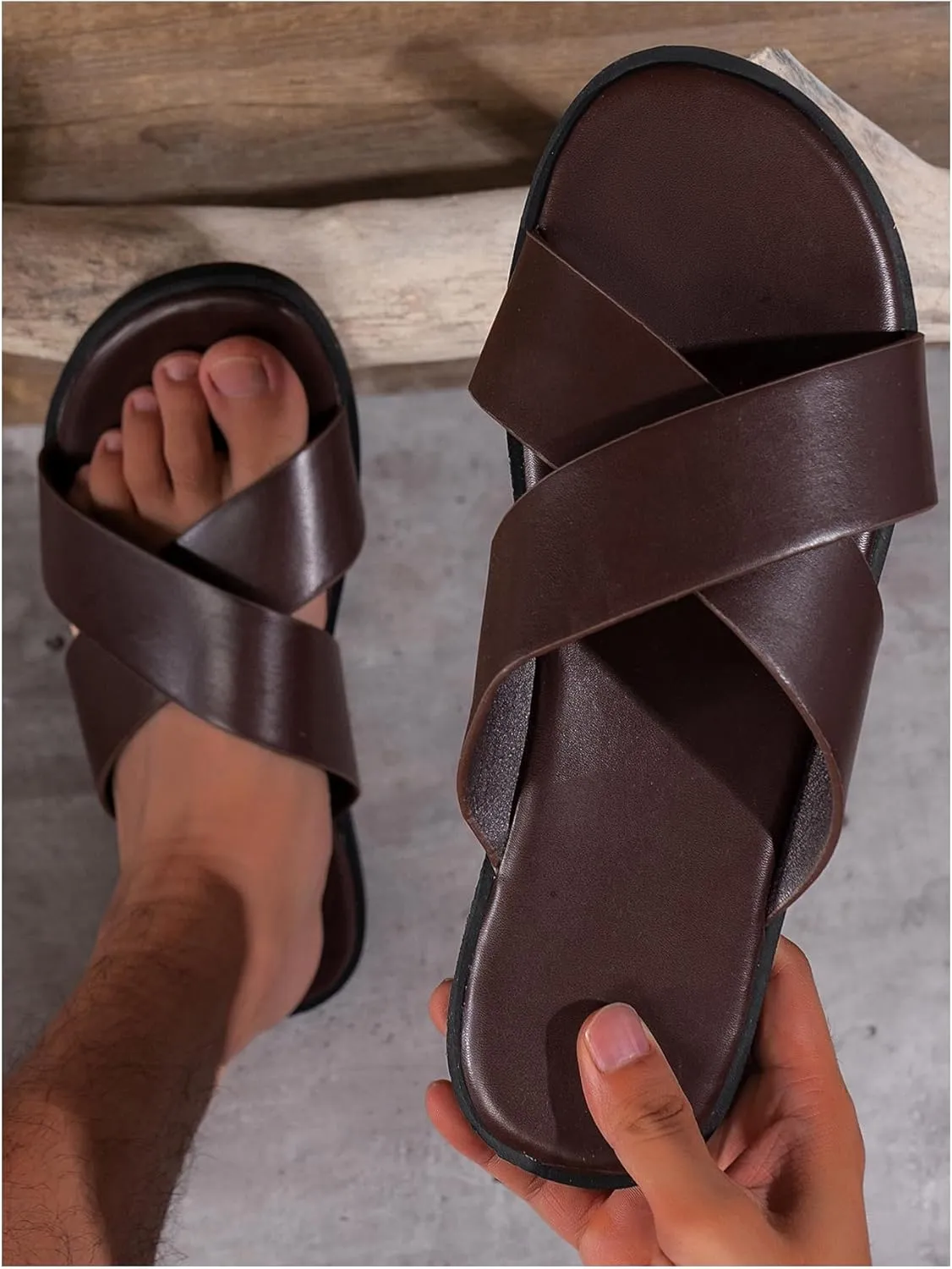 GORGLITTER Men's Summer Beach Leather Sandals Footwear Criss Cross Pu Leather Slide Slippers