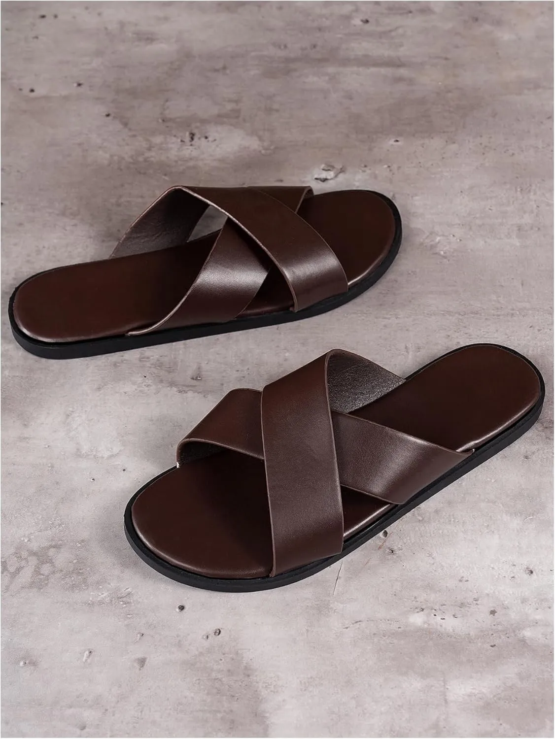 GORGLITTER Men's Summer Beach Leather Sandals Footwear Criss Cross Pu Leather Slide Slippers