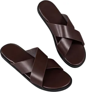GORGLITTER Men's Summer Beach Leather Sandals Footwear Criss Cross Pu Leather Slide Slippers