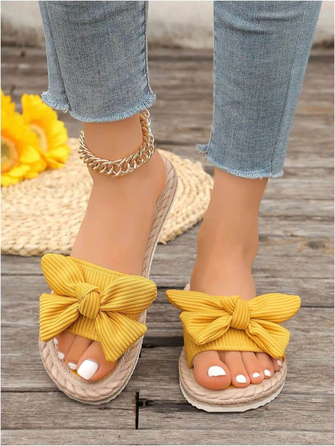 GORGLITTER Women's Bow Knot Flat Sandals Open Toe Slip On Slide Slipper Single Band Flats