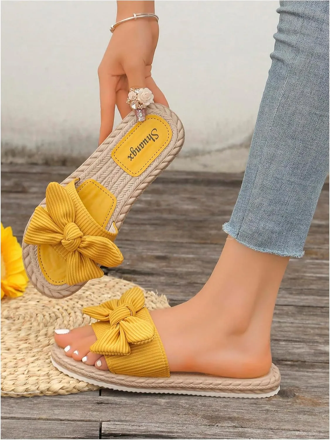 GORGLITTER Women's Bow Knot Flat Sandals Open Toe Slip On Slide Slipper Single Band Flats