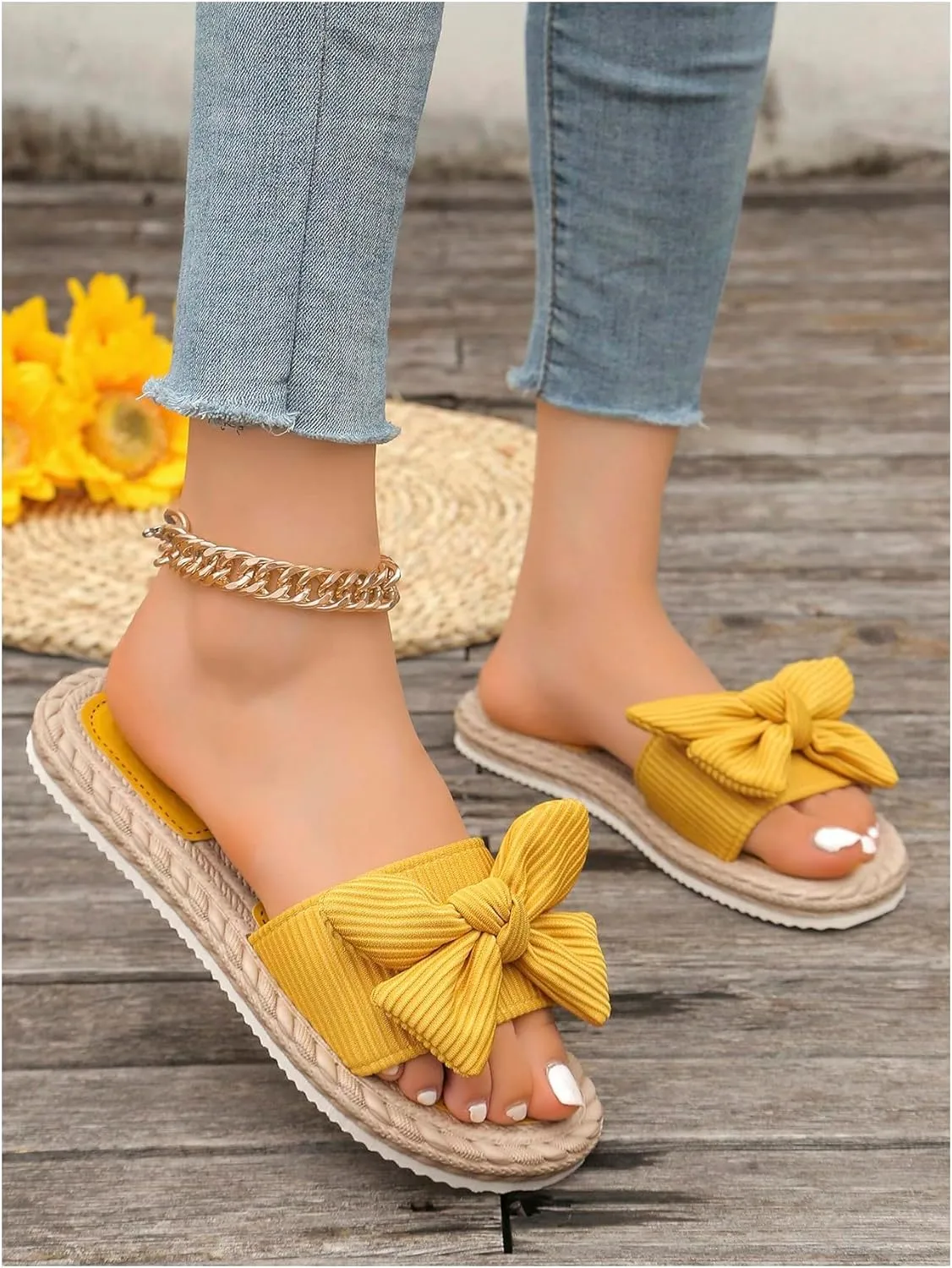 GORGLITTER Women's Bow Knot Flat Sandals Open Toe Slip On Slide Slipper Single Band Flats