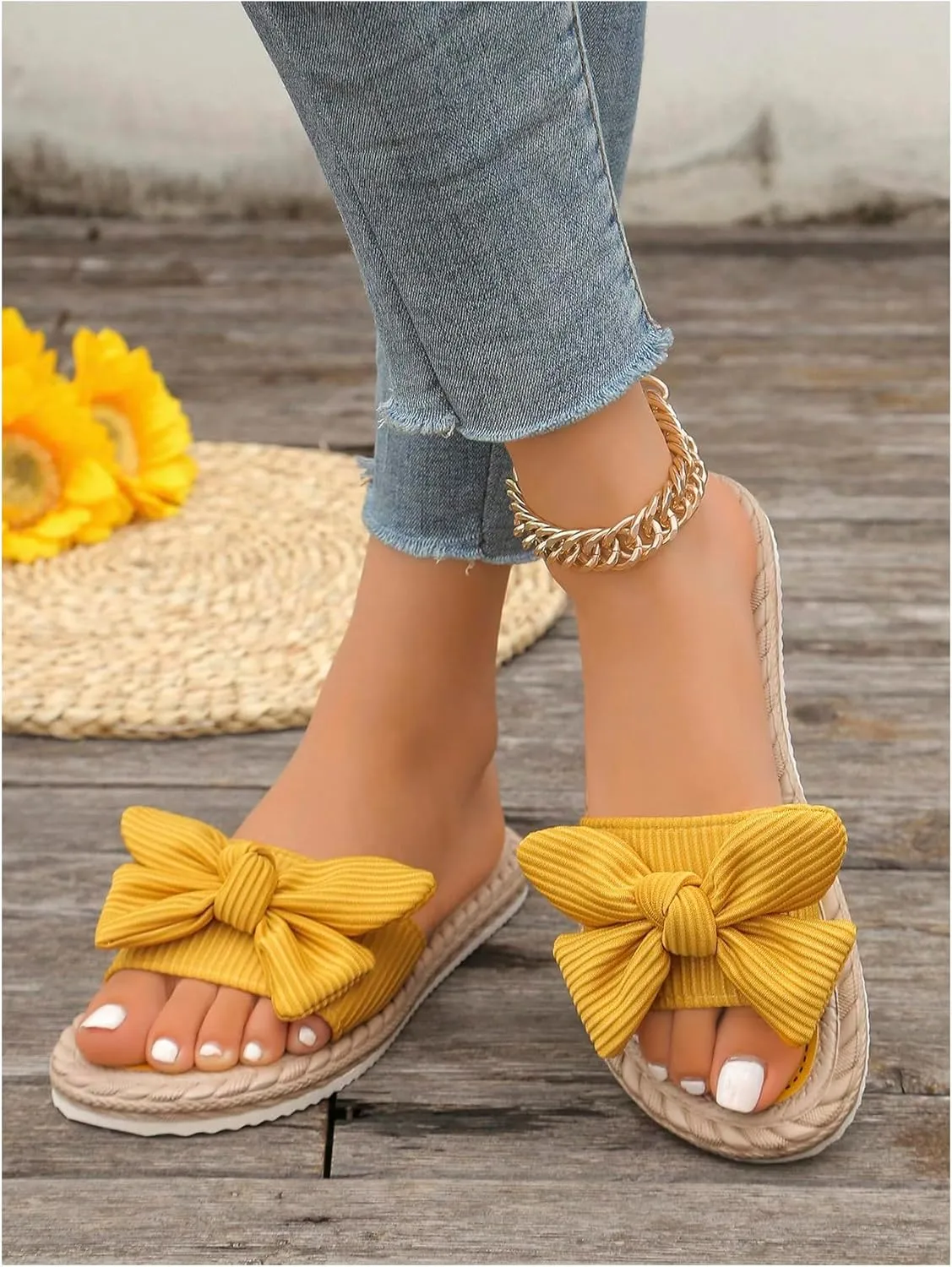 GORGLITTER Women's Bow Knot Flat Sandals Open Toe Slip On Slide Slipper Single Band Flats