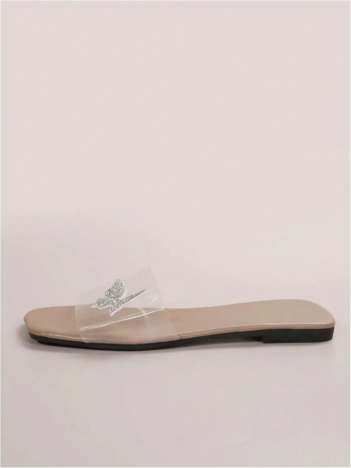 GORGLITTER Women's Clear Strap Flat Sandals Rhinestone Butterfly Slip On Slide Sandal
