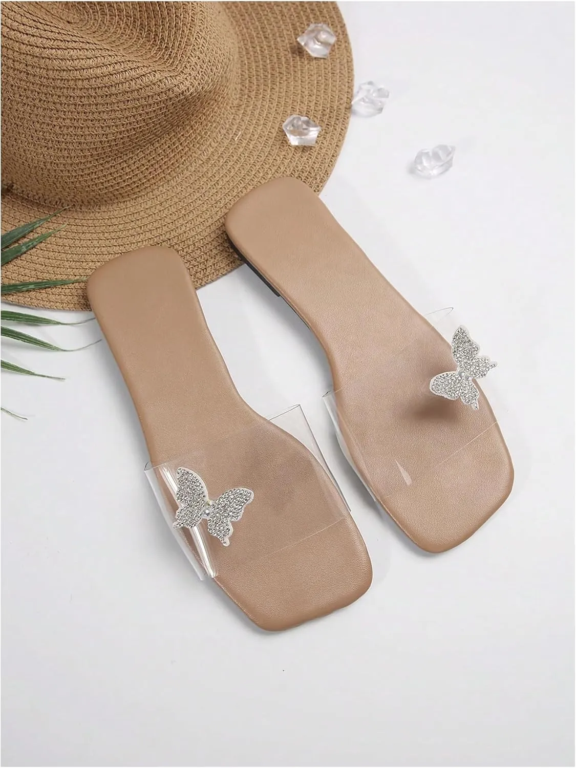 GORGLITTER Women's Clear Strap Flat Sandals Rhinestone Butterfly Slip On Slide Sandal