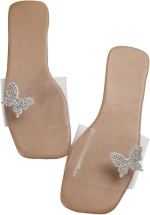 GORGLITTER Women's Clear Strap Flat Sandals Rhinestone Butterfly Slip On Slide Sandal