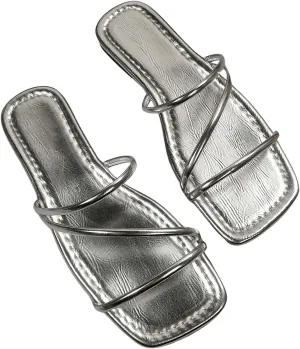 GORGLITTER Women's Metallic Strappy Flats Sandal Dressy Cute Open Toe Slip on Slides Summer Vacation Beach Sandals 2025