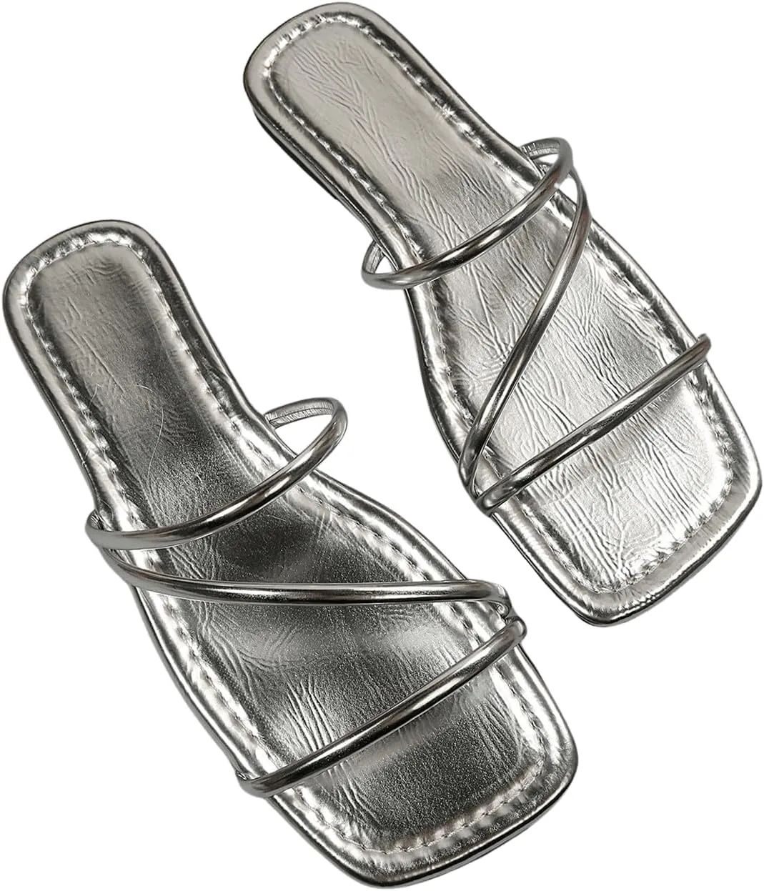 GORGLITTER Women's Metallic Strappy Flats Sandal Dressy Cute Open Toe Slip on Slides Summer Vacation Beach Sandals 2025