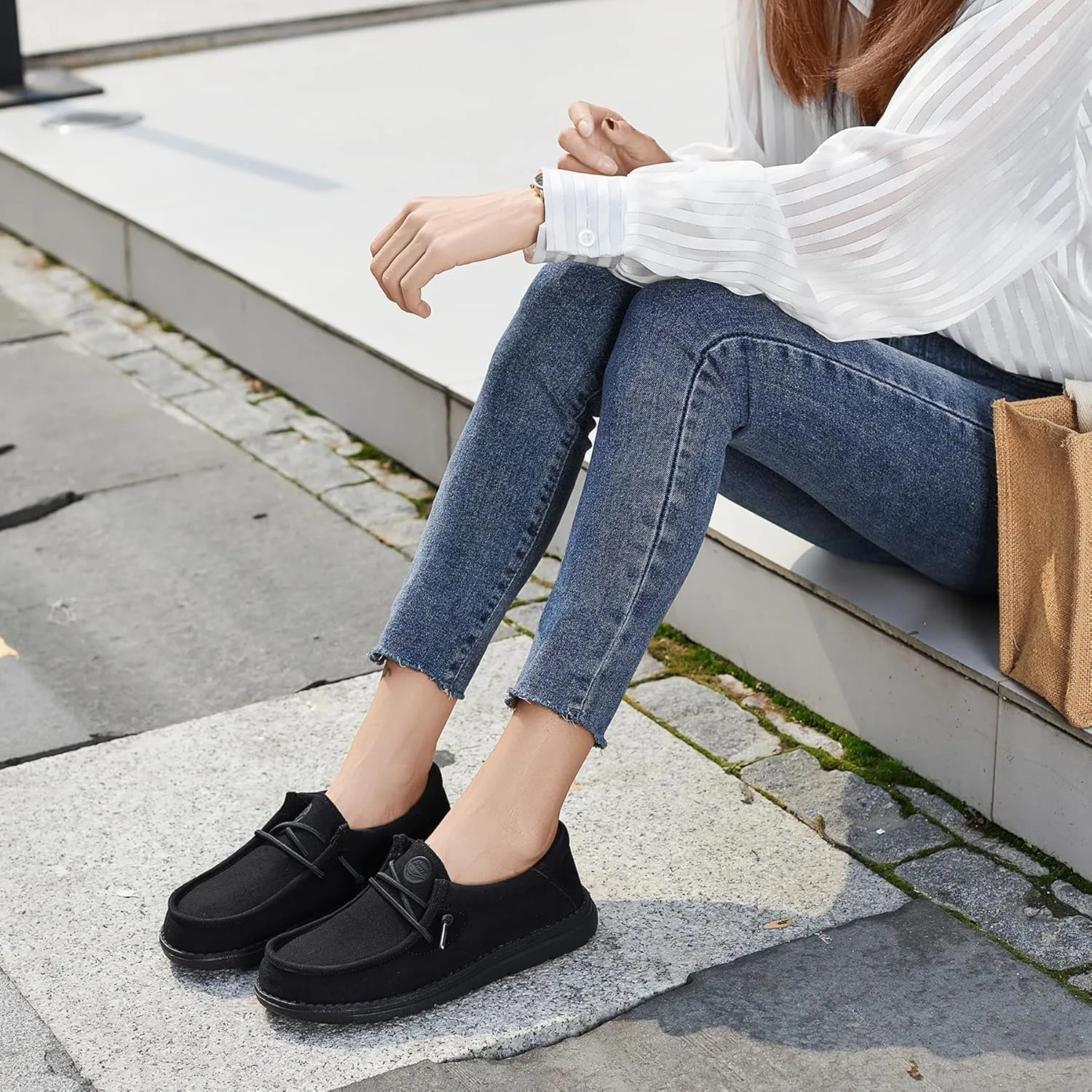Grand Attack Walking Shoes for Women Slip On Linen Loafers Non Slip Work Sneakers Comfort Lightweight Boat Shoes Daily Driving Traveling Black