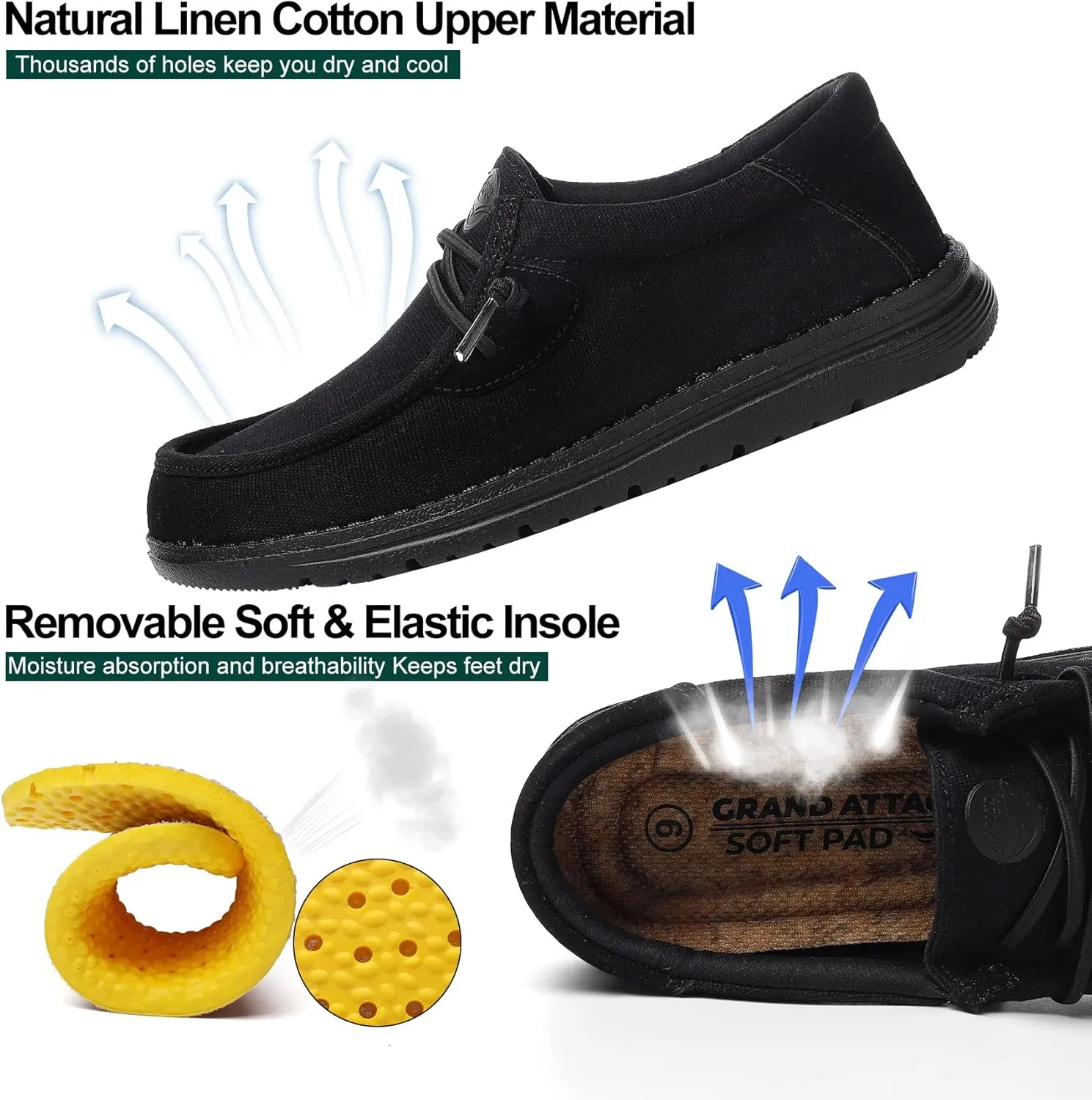 Grand Attack Walking Shoes for Women Slip On Linen Loafers Non Slip Work Sneakers Comfort Lightweight Boat Shoes Daily Driving Traveling Black