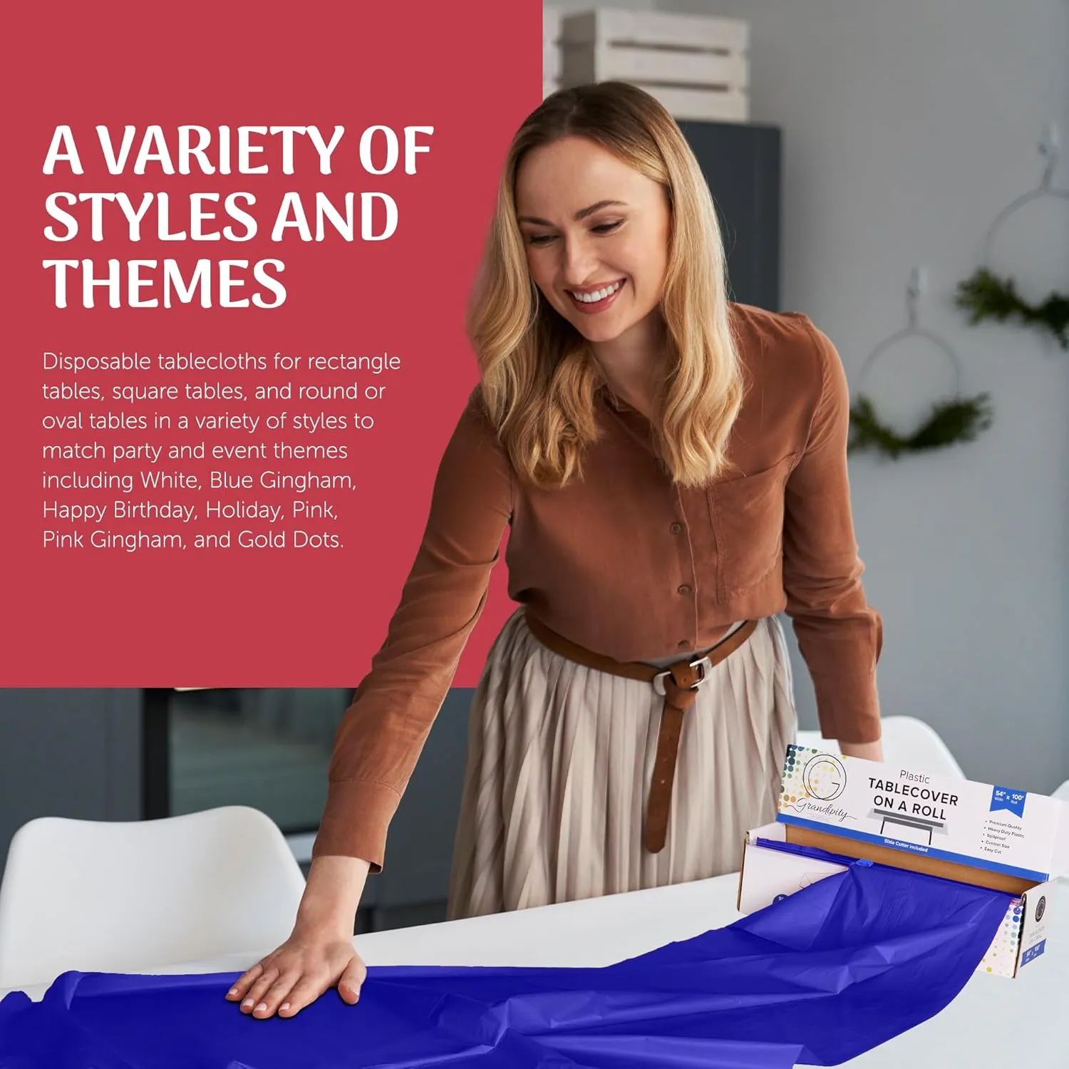 Grandipity Blue Plastic Tablecloth Roll, 54x100’ Rectangular, Disposable with Cutter Box, for Parties & Events