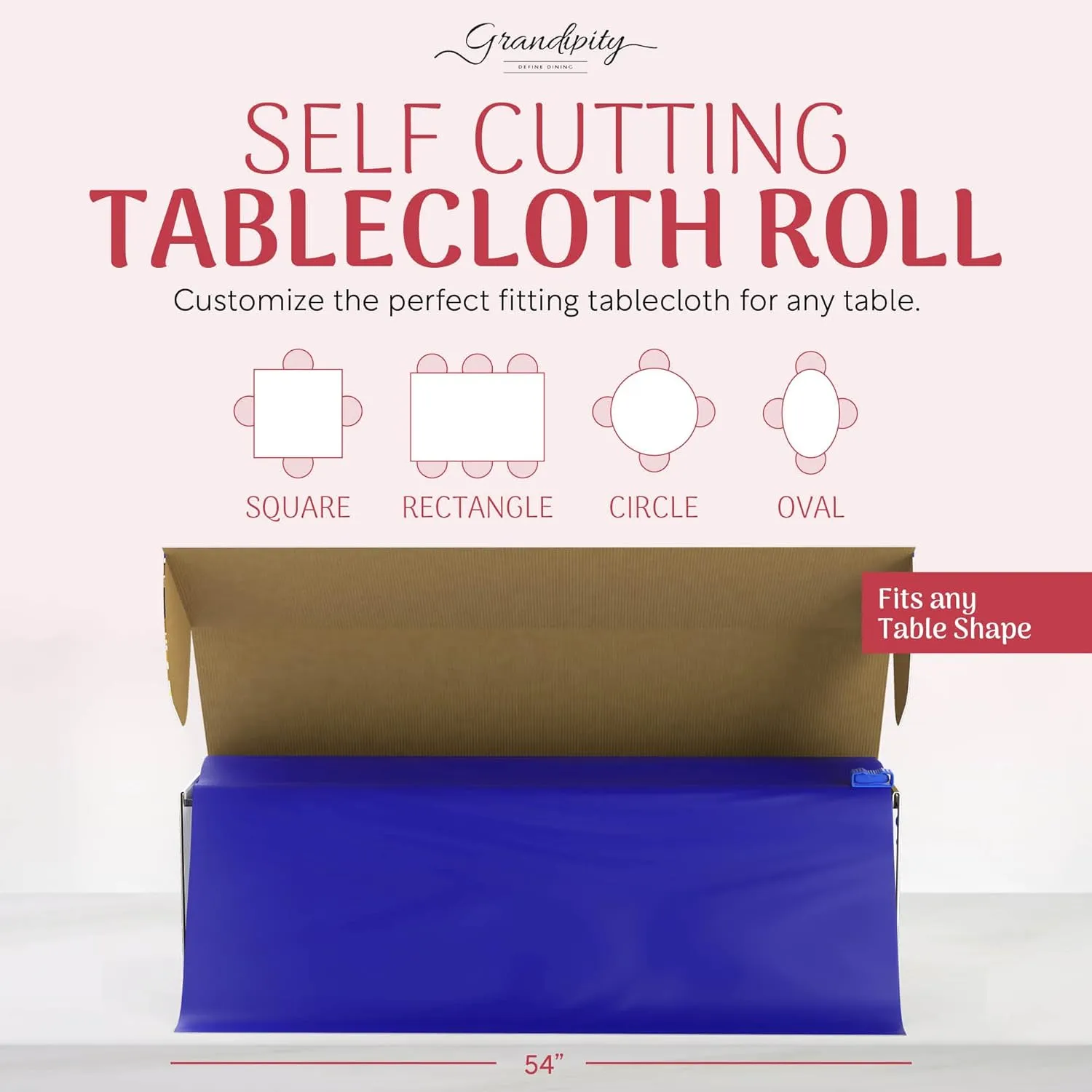 Grandipity Blue Plastic Tablecloth Roll, 54x100’ Rectangular, Disposable with Cutter Box, for Parties & Events