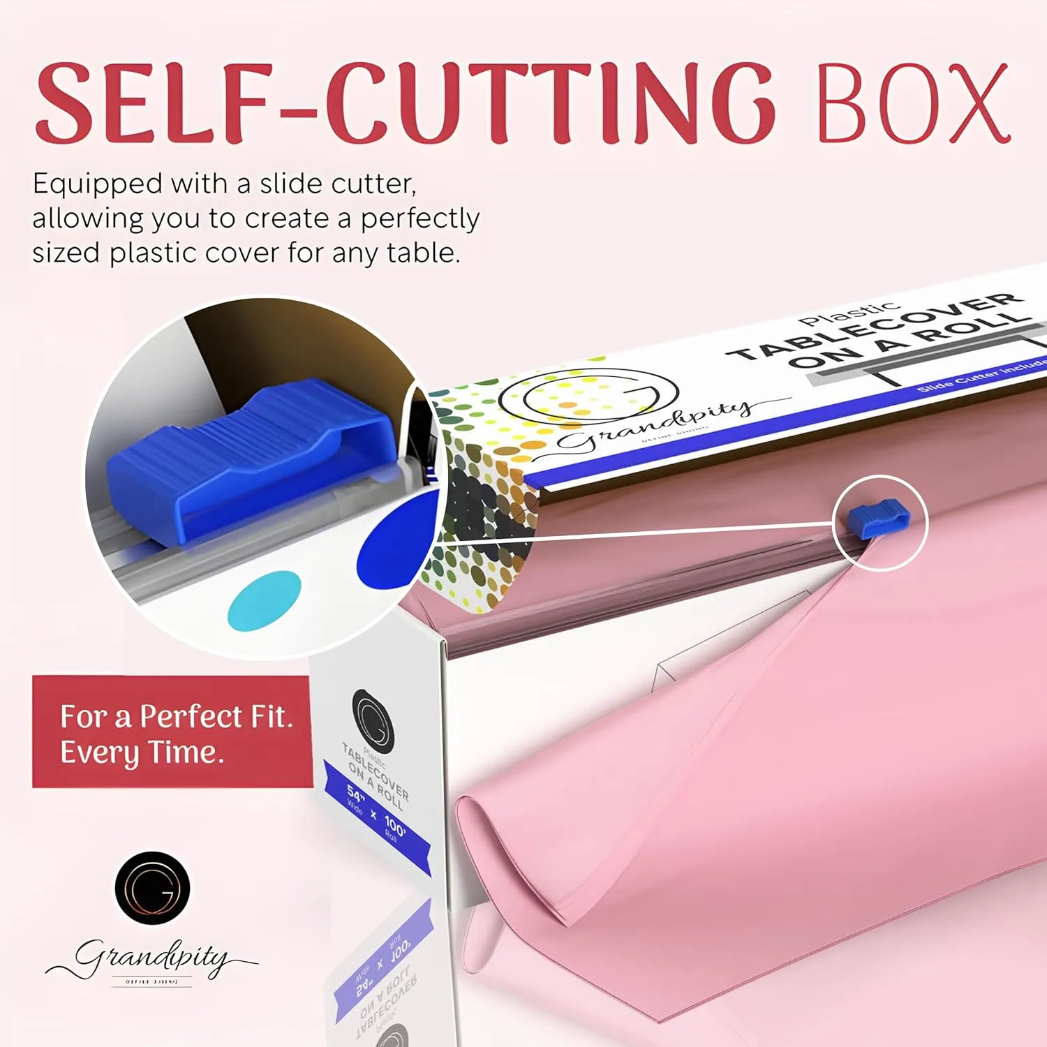 Grandipity Pink Premium Disposable Plastic Picnic Tablecloth on a Roll 54 Inch. x 100 Ft. with Self Cutter Box, Decorative Table Cover for Dining Table, Buffet Parties & Camping