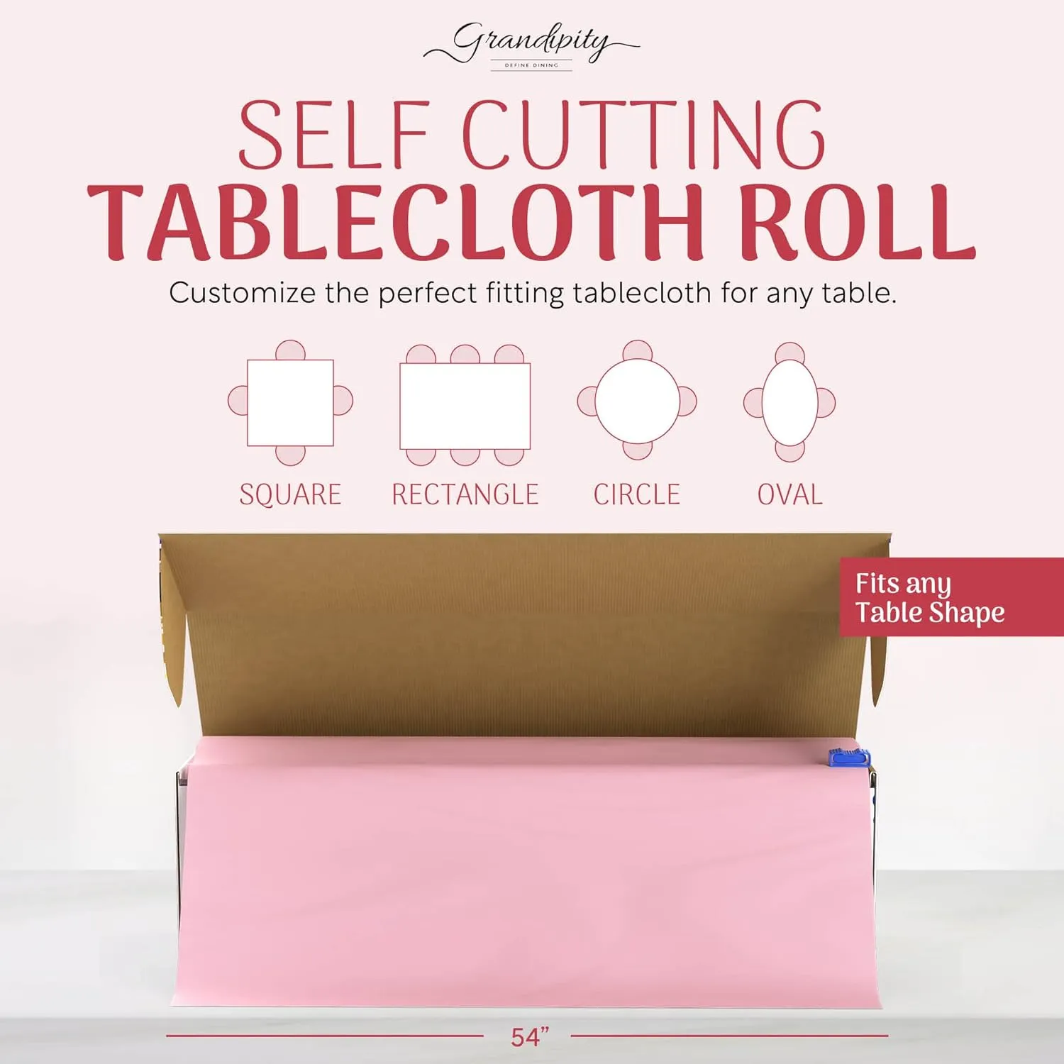 Grandipity Pink Premium Disposable Plastic Picnic Tablecloth on a Roll 54 Inch. x 100 Ft. with Self Cutter Box, Decorative Table Cover for Dining Table, Buffet Parties & Camping