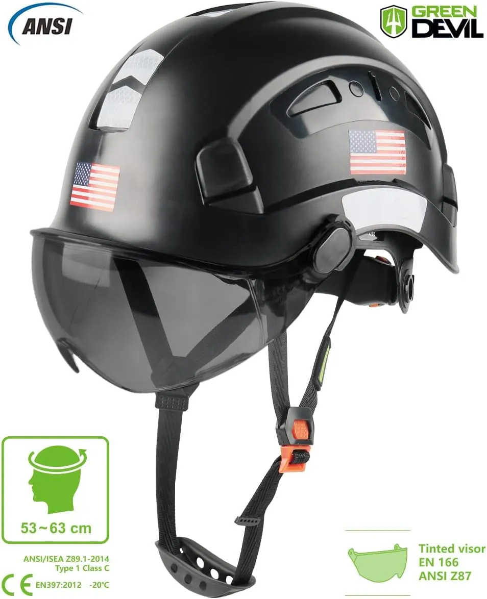 GREEN DEVIL Safety Helmet Hard Hat with Visor Chinstrap Adjustable Lightweight Vented ABS Work Helmet for Men and Women 6-Point Suspension ANSI Z89.1 Approved Ideal for Industrial & Construction