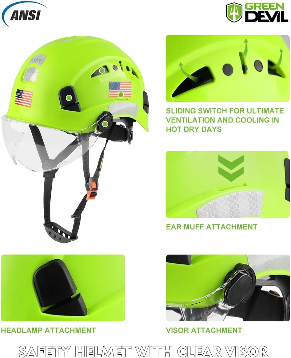 GREEN DEVIL Safety Helmet Hard Hat with Visor Chinstrap Adjustable Lightweight Vented ABS Work Helmet for Men and Women 6-Point Suspension ANSI Z89.1 Approved Ideal for Industrial & Construction