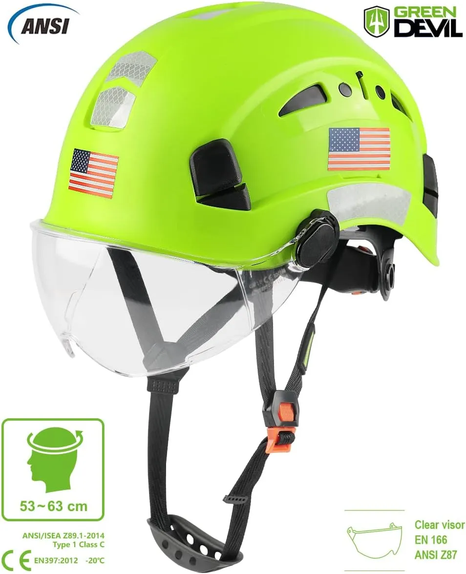 GREEN DEVIL Safety Helmet Hard Hat with Visor Chinstrap Adjustable Lightweight Vented ABS Work Helmet for Men and Women 6-Point Suspension ANSI Z89.1 Approved Ideal for Industrial & Construction