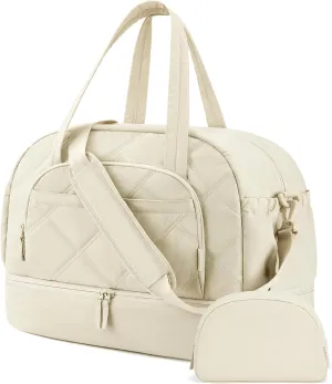 Gym Bag for Women, BAGSMART Puffy Travel Duffel Bags with Shoe Compartment, Carry on Weekender Overnight Tote Bag with Toiletry Bag, Travel Bag for Airlines, Travel, Sports- Beige
