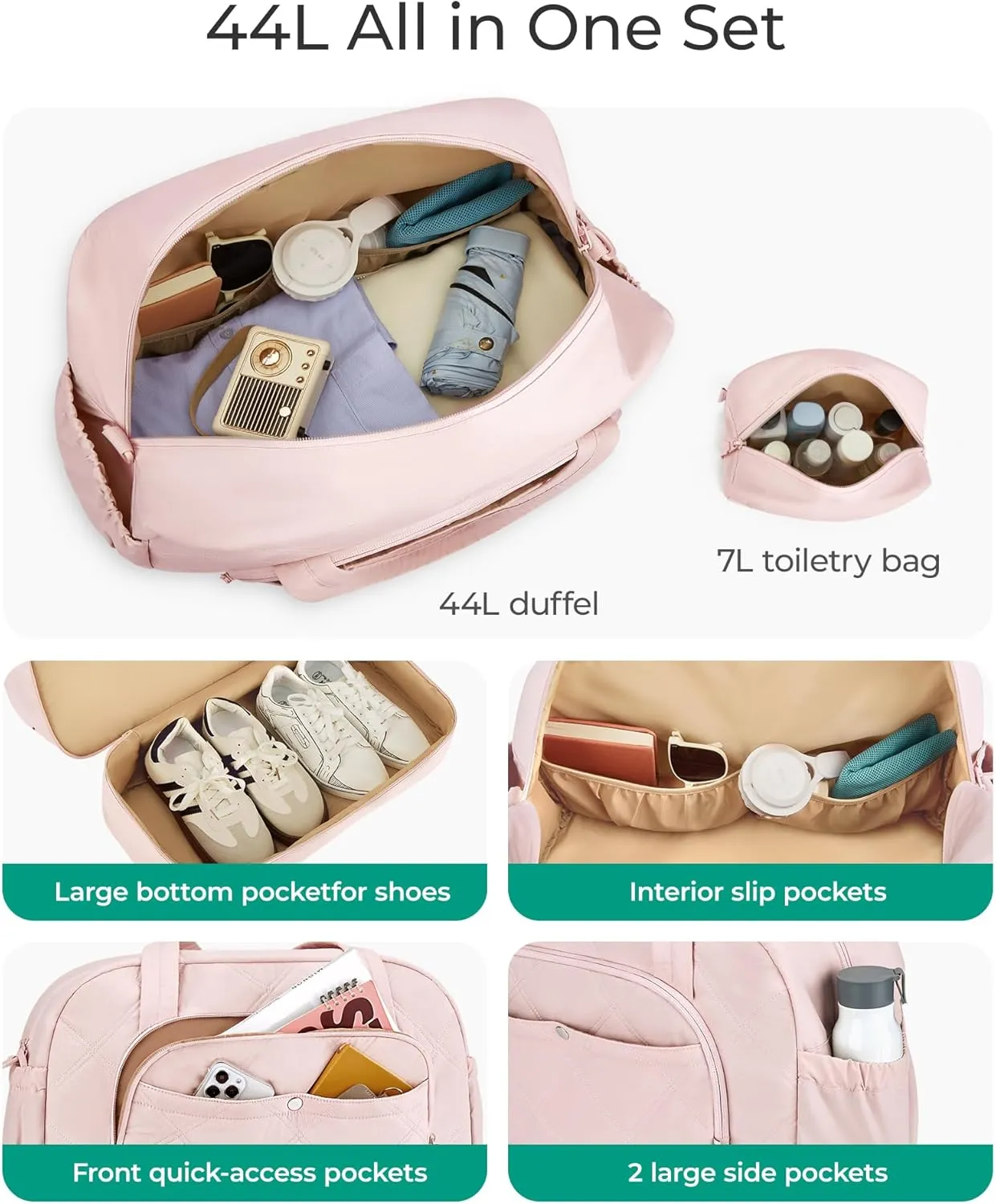 Gym Bag for Women, BAGSMART Puffy Travel Duffel Bags with Shoe Compartment, Carry on Weekender Overnight Tote Bag with Toiletry Bag, Travel Bag for Airlines, Travel, Sports- Beige
