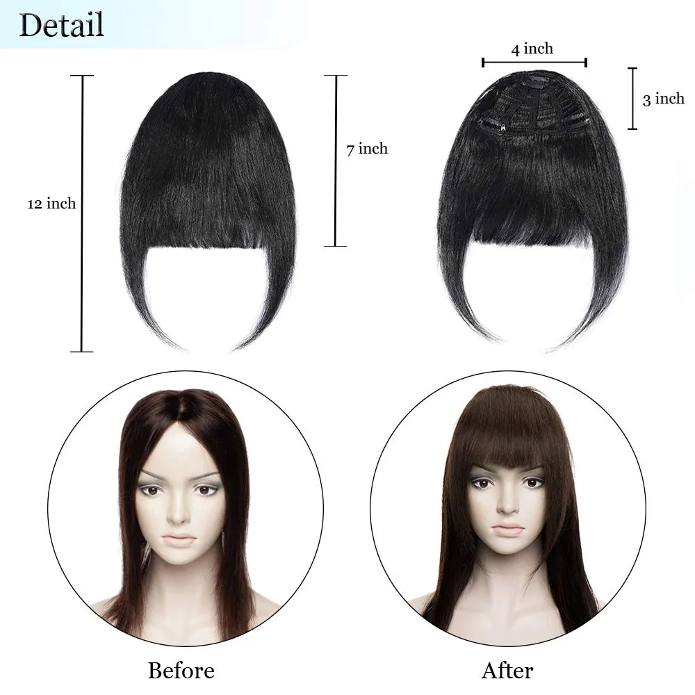 Hairro Clip in Bangs Real Human Hair Bangs One Piece Hairpiece Black Hair Bangs with Temples Flat Neat Thick Fringe Two Side Bang Onepiece Bangs Hair Accessories for Women #01 Dark Black