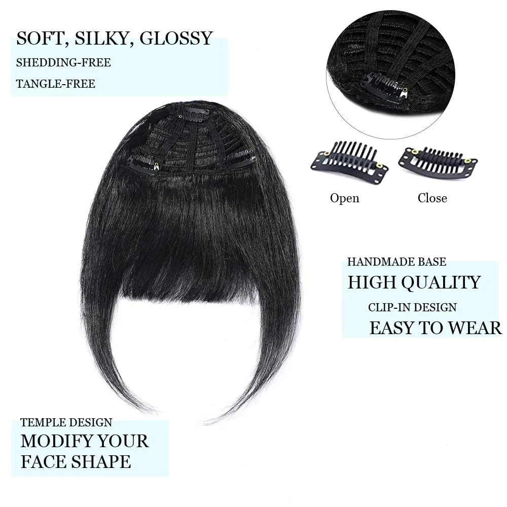 Hairro Clip in Bangs Real Human Hair Bangs One Piece Hairpiece Black Hair Bangs with Temples Flat Neat Thick Fringe Two Side Bang Onepiece Bangs Hair Accessories for Women #01 Dark Black