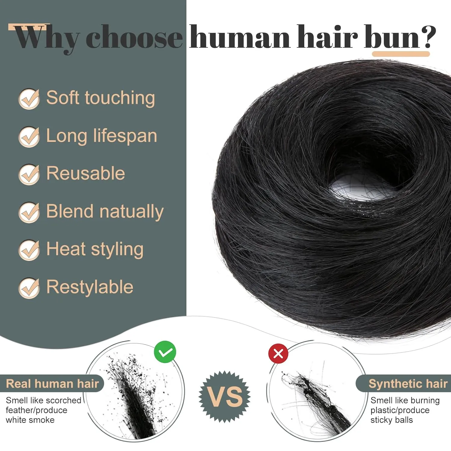 Hairro Human Hair Bun Messy Bun Hair Piece Scrunchies Real Hair Updo Hairpieces Donut Chignon Wrap On Instant Up-do with Elastic Rubber Band Easy Bun For Women 1PC 23g #01 Dark Black