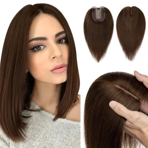 Hairro Human Hair Topper, Clips in 100% Real Hairpieces with 4"x 4.7" Silk Base for Women, for High Hairline/Covering Greyish Thin Hair on Top, 14 Inch Medium Brown