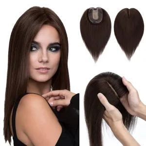 Hairro Human Hair Topper, Clips in 100% Real Hairpieces with 4"x 4.7" Silk Base for Women, for High Hairline/Covering Greyish Thin Hair on Top, 6 Inch Dark Brown