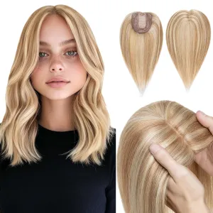 Hairro Human Hair Topper, Clips in 100% Real Hairpieces with 4"x 4.7" Silk Base for Women, for High Hairline/Covering Greyish Thin Hair on Top, 6 Inch Golden Brown Mix Bleach Blonde