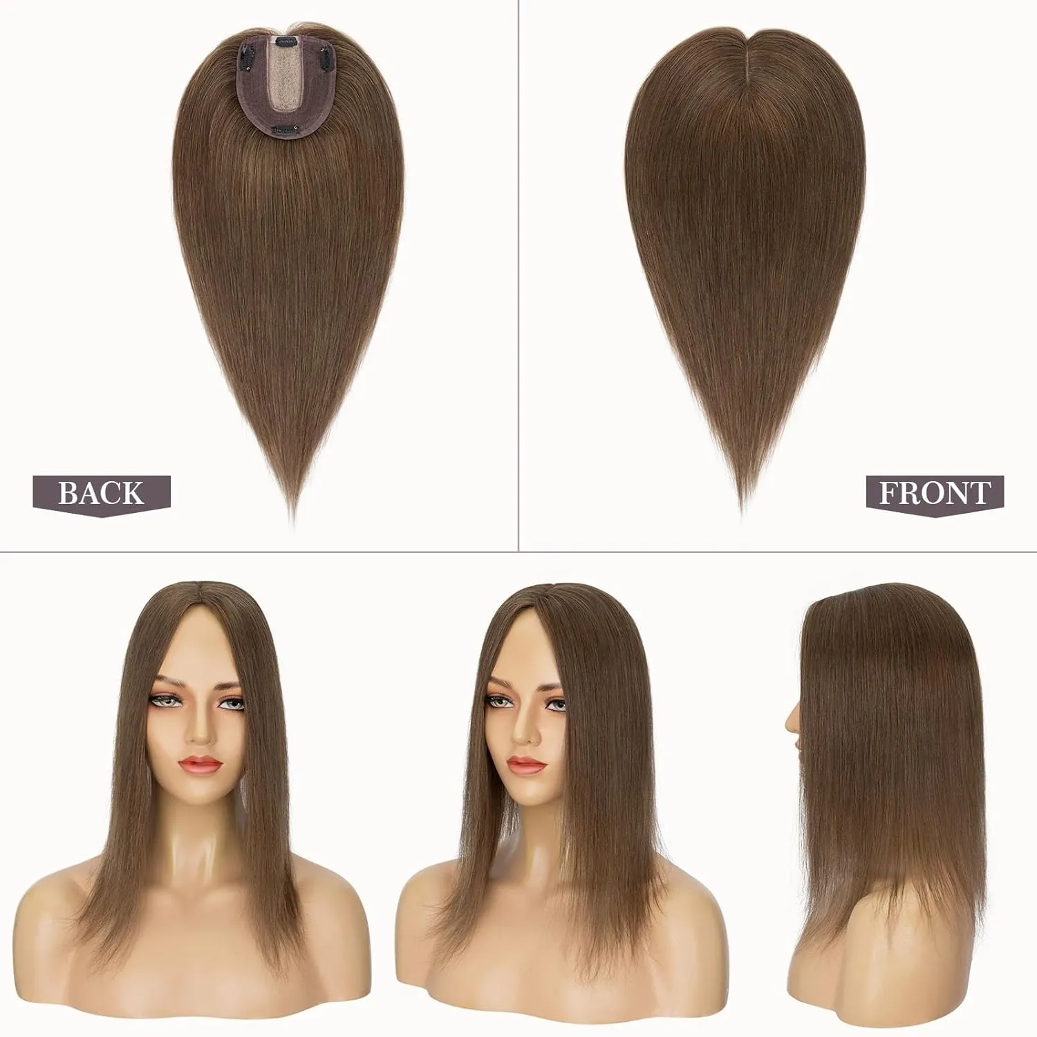Hairro Human Hair Topper, Clips in 100% Real Hairpieces with 4"x 4.7" Silk Base for Women, for High Hairline/Covering Greyish Thin Hair on Top, 6 Inch Mocha Brown