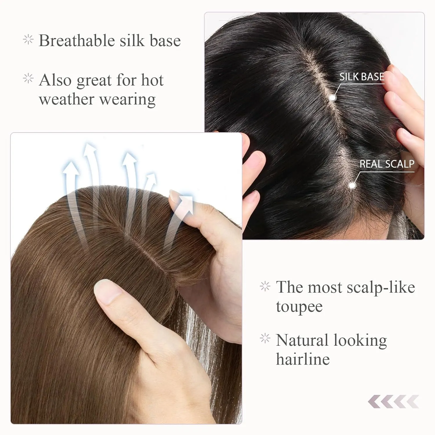 Hairro Human Hair Topper, Clips in 100% Real Hairpieces with 4"x 4.7" Silk Base for Women, for High Hairline/Covering Greyish Thin Hair on Top, 6 Inch Mocha Brown